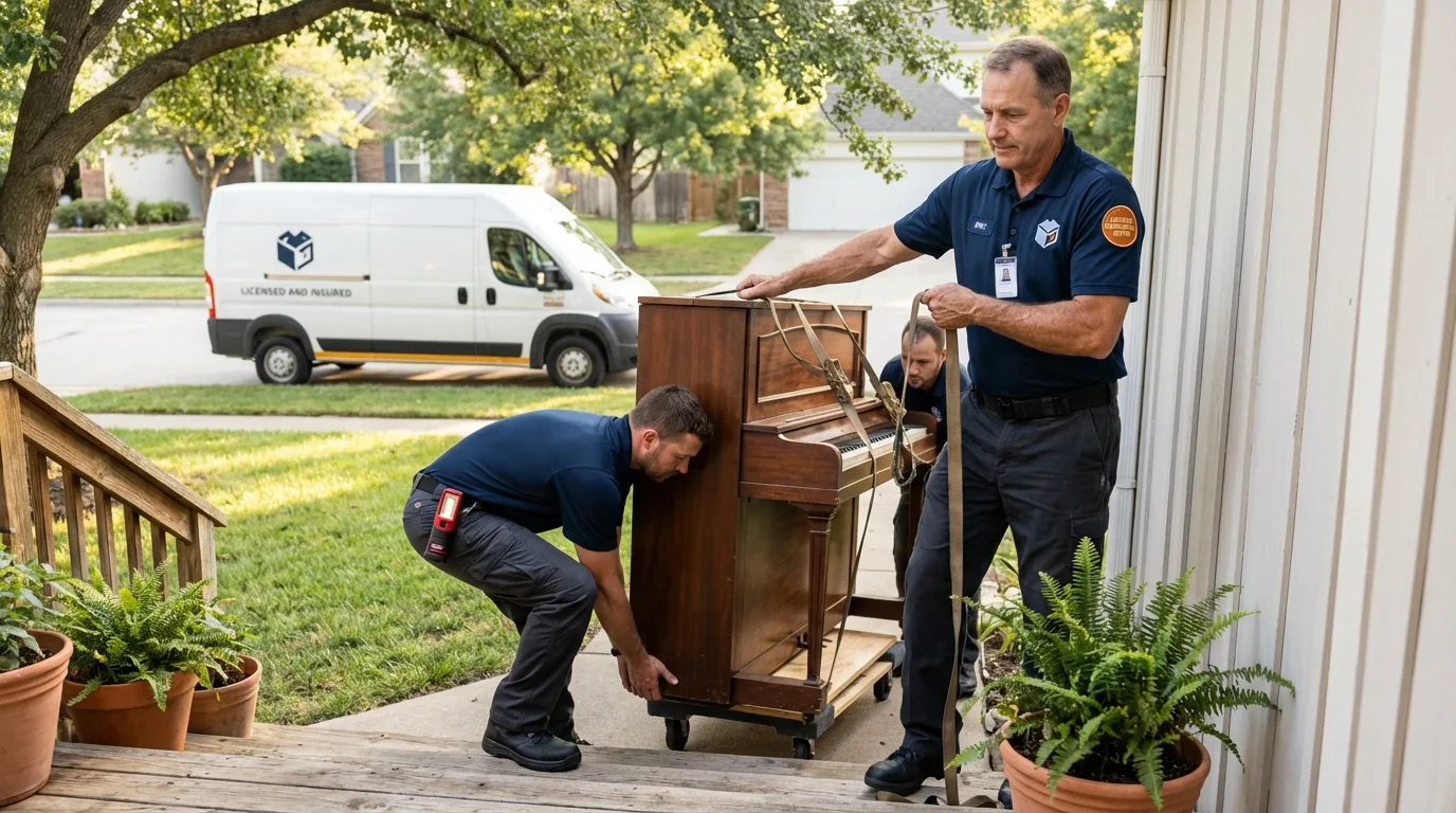 Licensed piano movers securing grand piano in Bath, NY