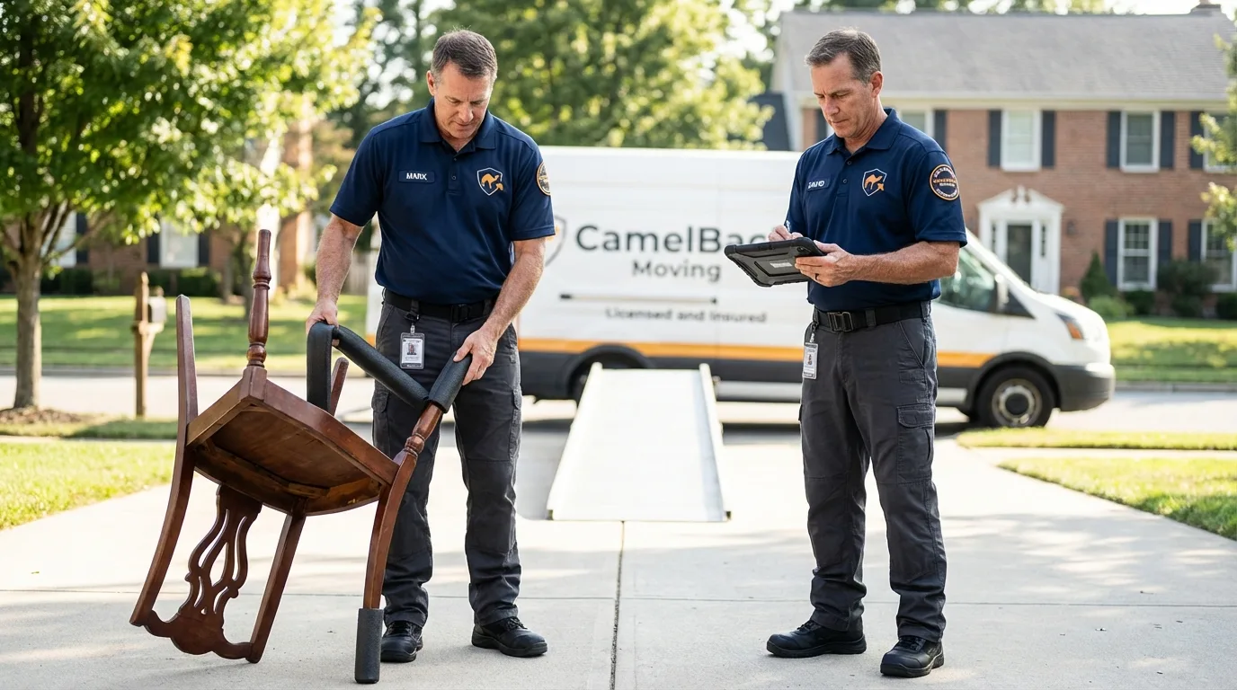 Movers inspecting furniture for damage prevention before loading in Bath, NY