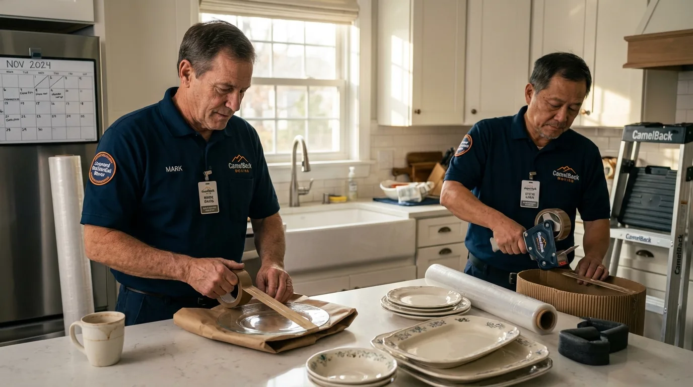 Professional crew packing kitchen dishware in Bath, NY